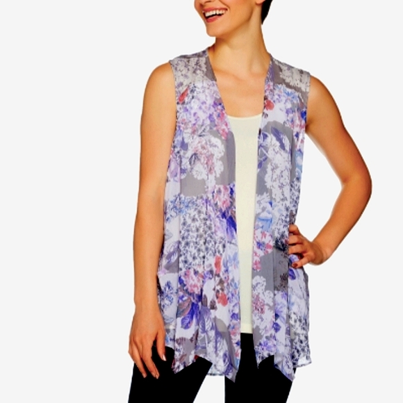 LOGO by Lori Goldstein Jackets & Blazers - LOGO by Lori Goldstein Printed Chiffon Vest w Knit Yoke Wild Mushroom